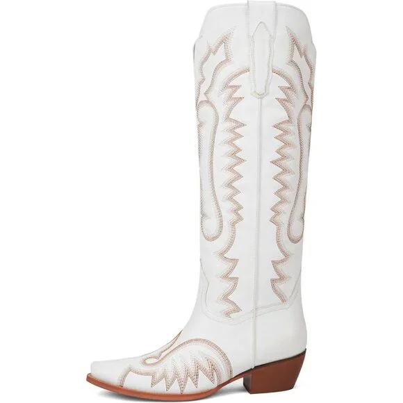 Women's White Western Cowboy Boots Knee High Chunky Heel Embroidery Boots - Picture 6 of 7